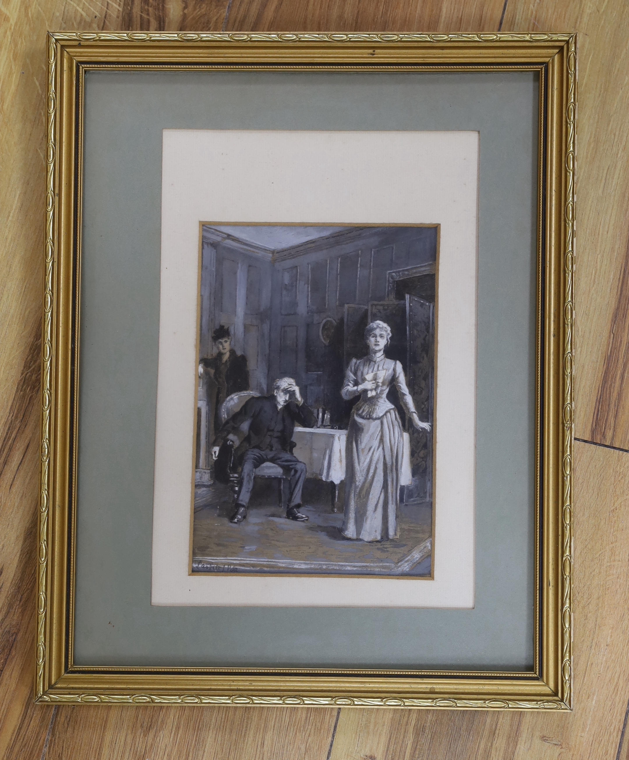 19th century English School, heightened monochrome watercolour, book illustration Three figures in an interior, indistinctly signed, 20 x13cm